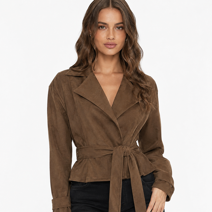Plush | Brown Peplum Belted Suede Jacket