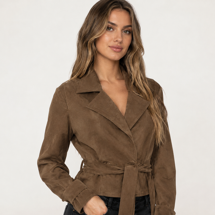 Plush | Brown Peplum Belted Suede Jacket