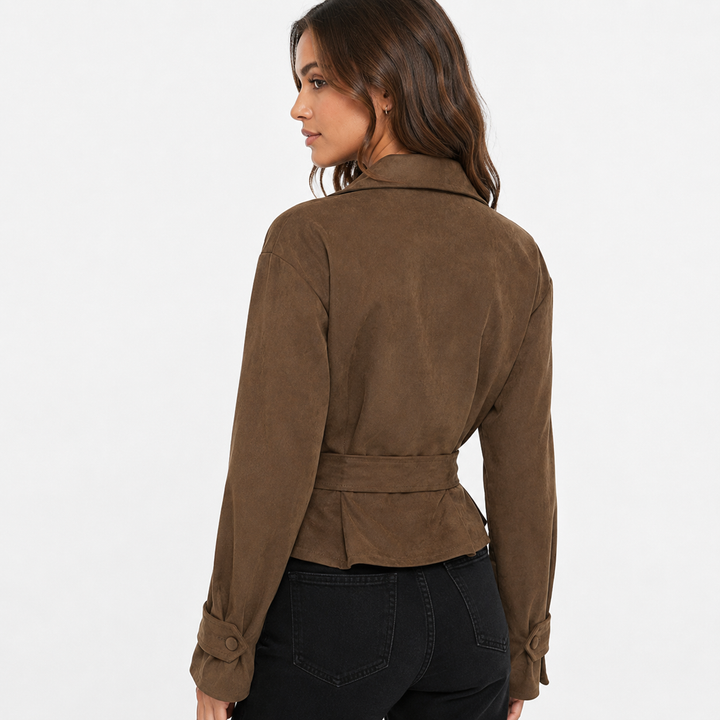 Plush | Brown Peplum Belted Suede Jacket