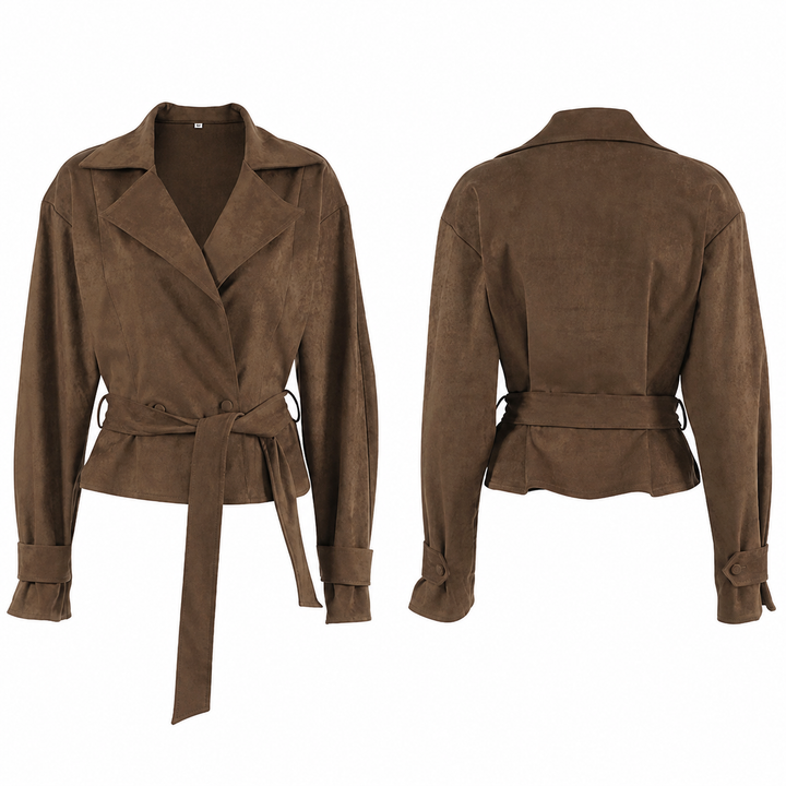 Plush | Brown Peplum Belted Suede Jacket