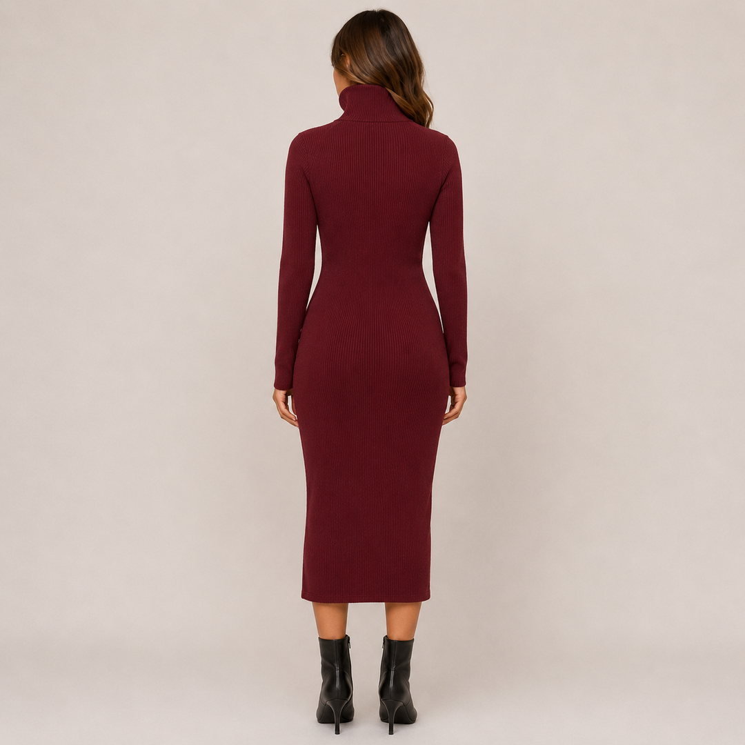 Whim | Ribbed Knit Collar V-Neck Midi Dress