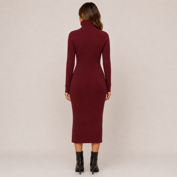 Whim | Ribbed Knit Collar V-Neck Midi Dress