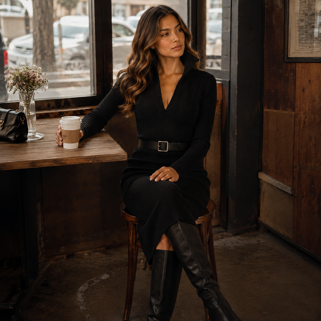 Whim | Ribbed Knit Collar V-Neck Midi Dress