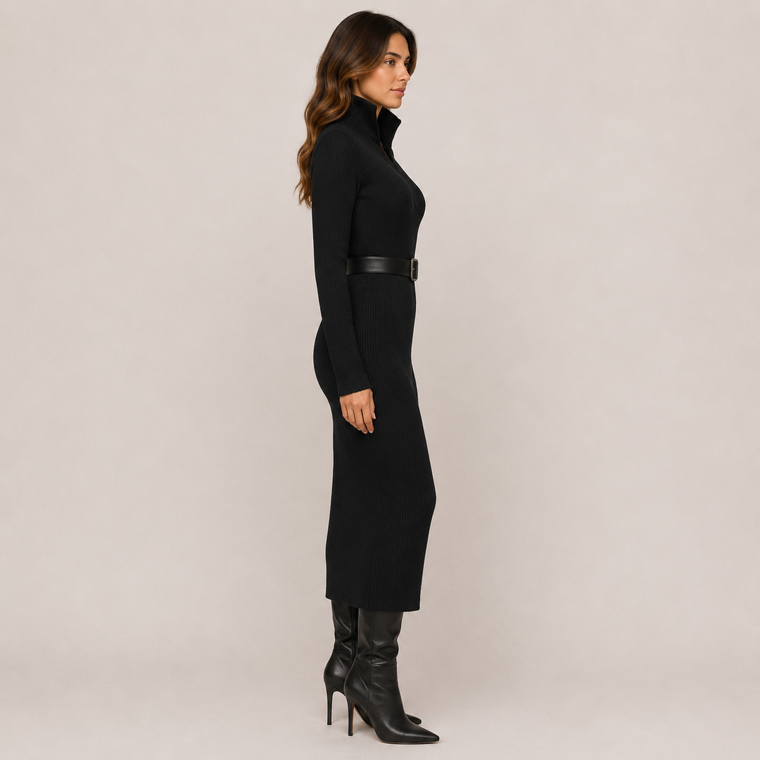 Whim | Ribbed Knit Collar V-Neck Midi Dress