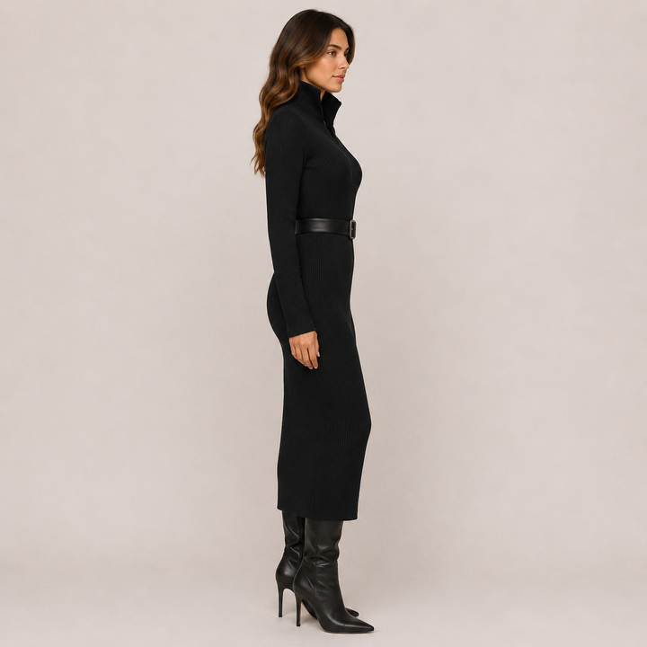 Whim | Ribbed Knit Collar V-Neck Midi Dress