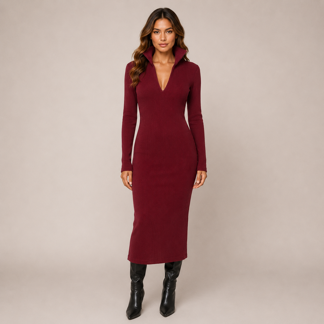 Whim | Ribbed Knit Collar V-Neck Midi Dress