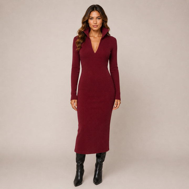 Whim | Ribbed Knit Collar V-Neck Midi Dress