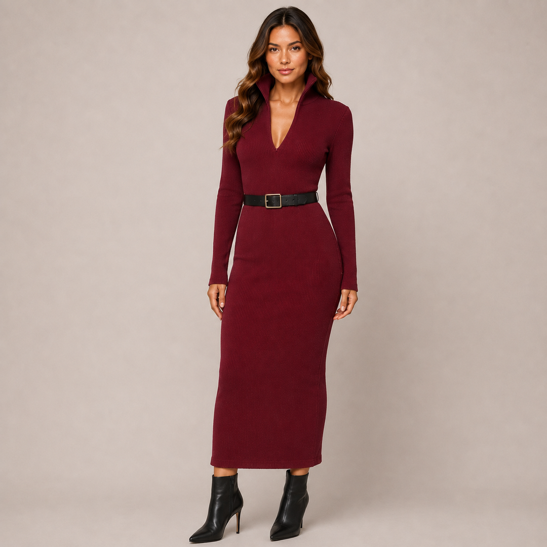 Whim | Ribbed Knit Collar V-Neck Midi Dress