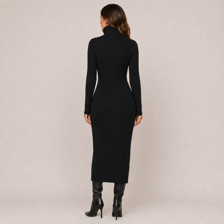 Whim | Ribbed Knit Collar V-Neck Midi Dress