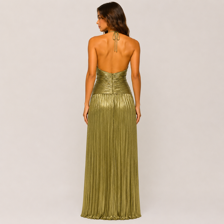 Beam | Metallic Green Halter Pleated High Slit Maxi Dress