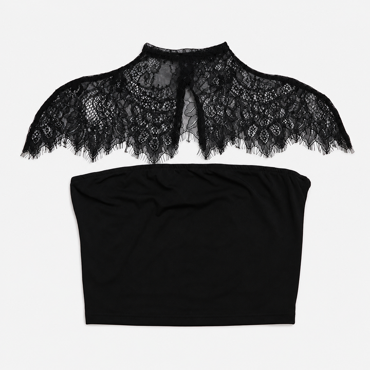 Daze | Black Lace Trim Mock Neck Strapless Mini Dress Set