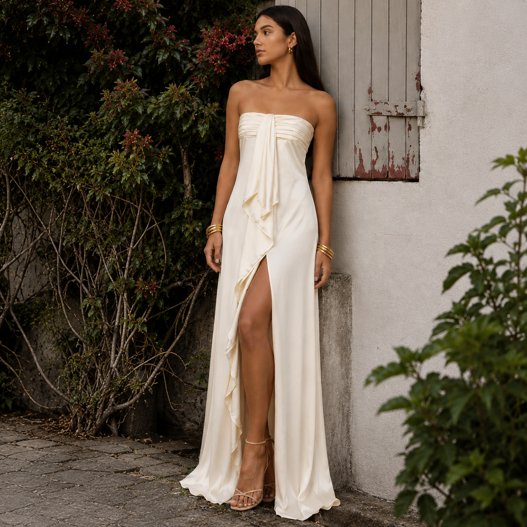 Trust | Strapless Bow Front High Slit Maxi Dress