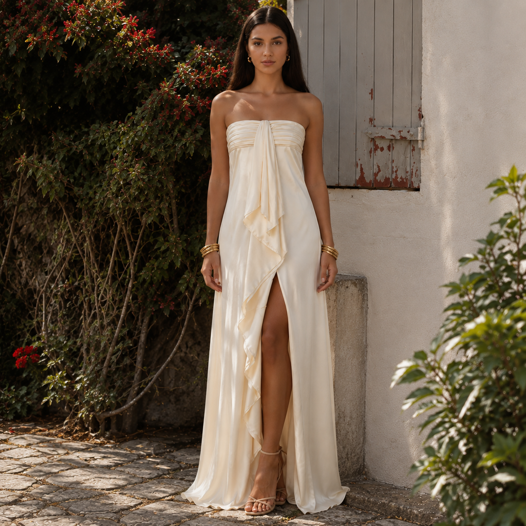 Trust | Strapless Bow Front High Slit Maxi Dress