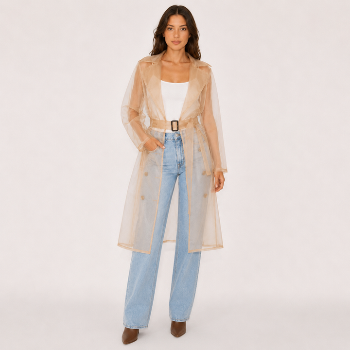 See khaki sheer organza belted trench coat, front