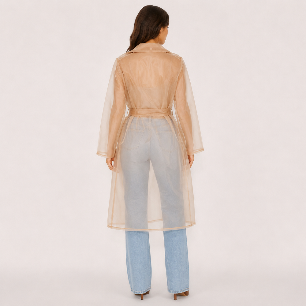 See khaki sheer organza belted trench coat, back