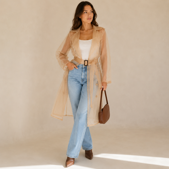 See khaki sheer organza belted trench coat, styled