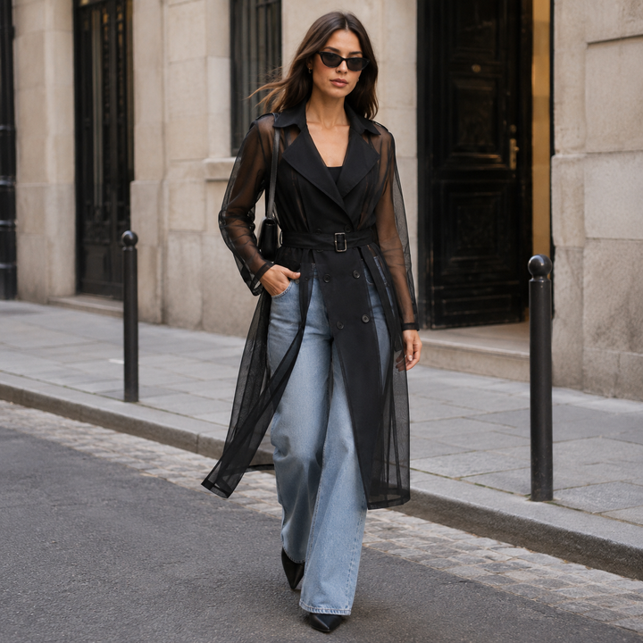 See khaki sheer organza belted trench coat, on model outdoors