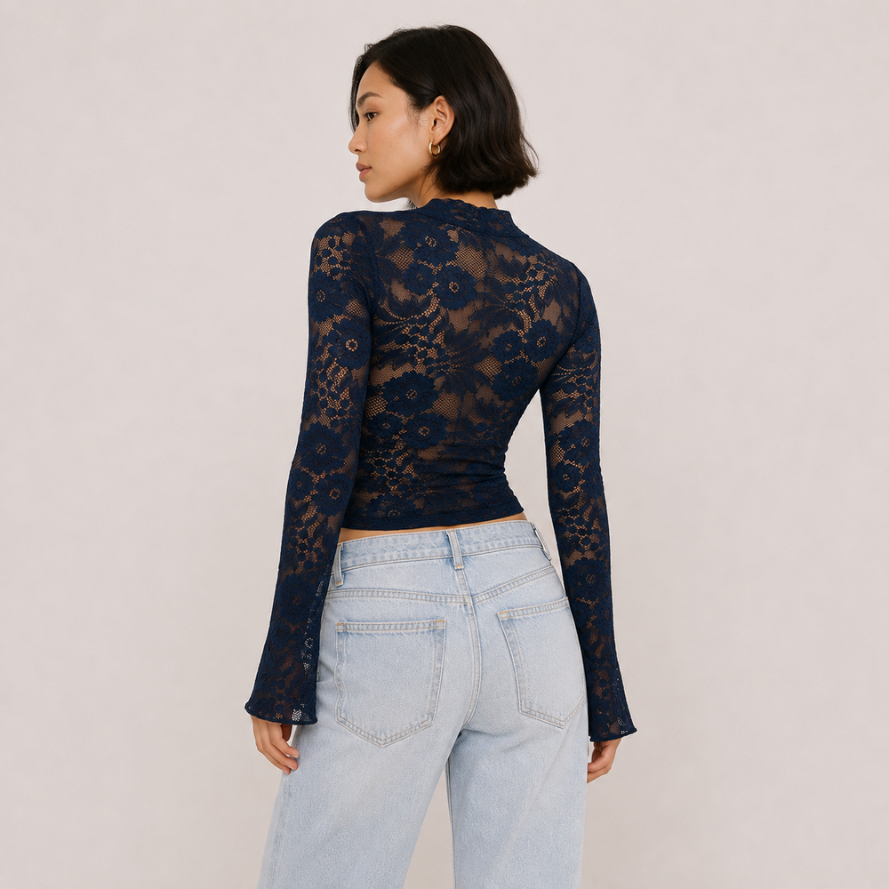 Liv navy blue sheer lace long sleeve top, back