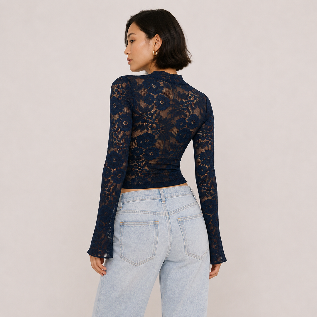Liv navy blue sheer lace long sleeve top, back