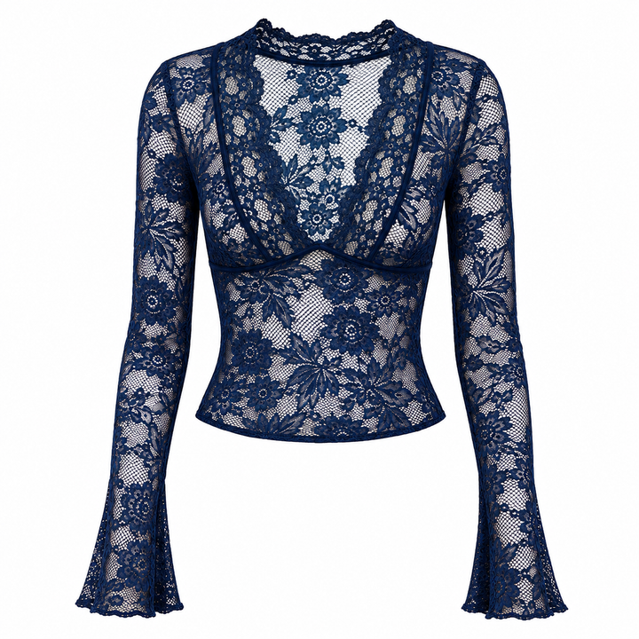 Liv navy blue sheer lace long sleeve top, detail