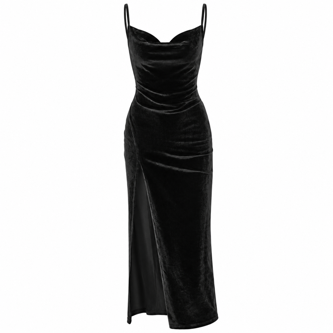 Swift | Velvet Cowl Neck Ruched Slit Midi Dress