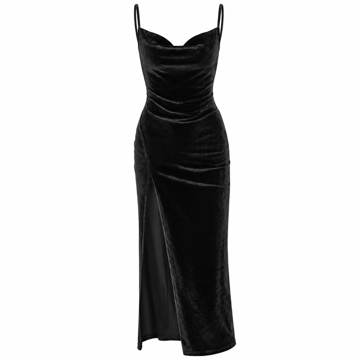 Swift | Velvet Cowl Neck Ruched Slit Midi Dress