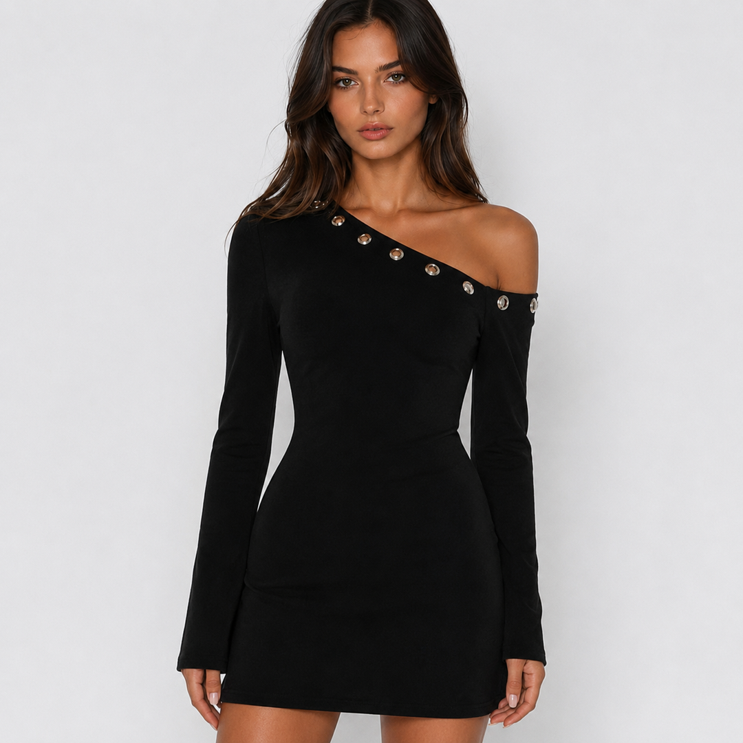 Claw | Black One Shoulder Eyelet Long Sleeve Mini Dress