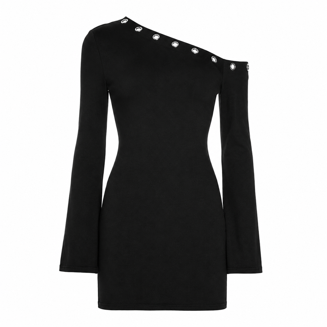 Claw | Black One Shoulder Eyelet Long Sleeve Mini Dress