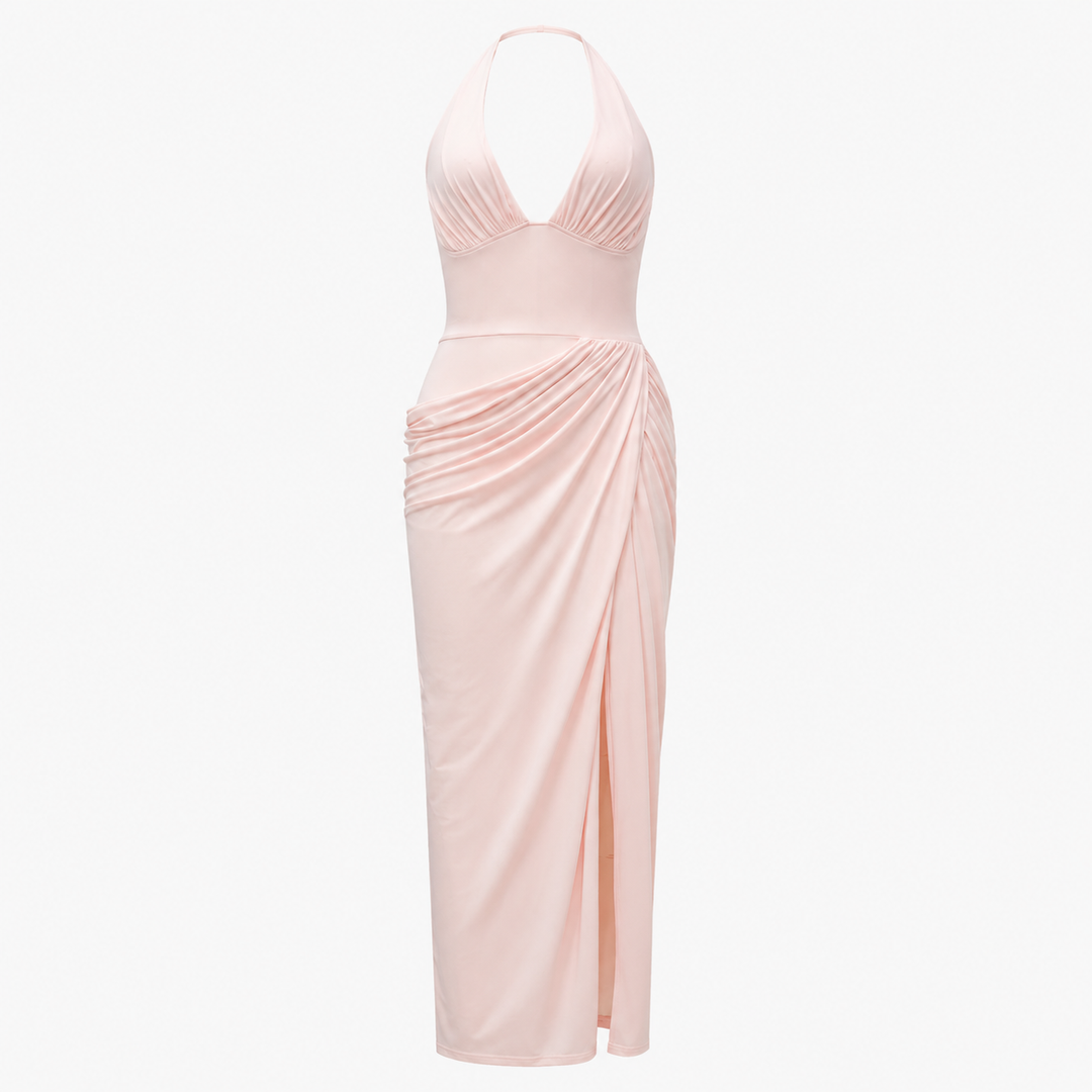 Lune | Blush Pink Halter Lace-Up Maxi Dress