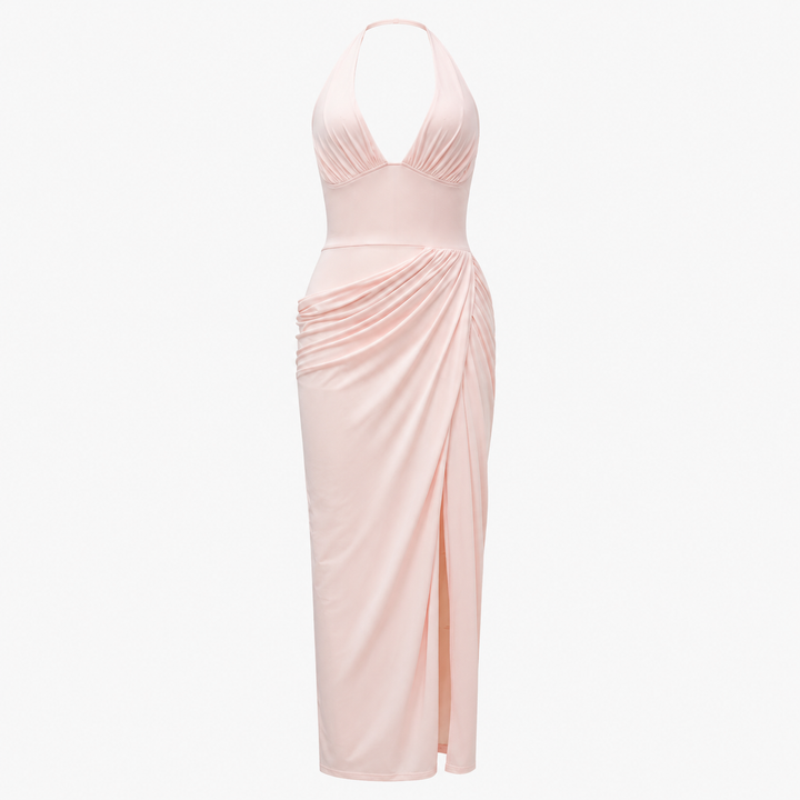Lune | Blush Pink Halter Lace-Up Maxi Dress