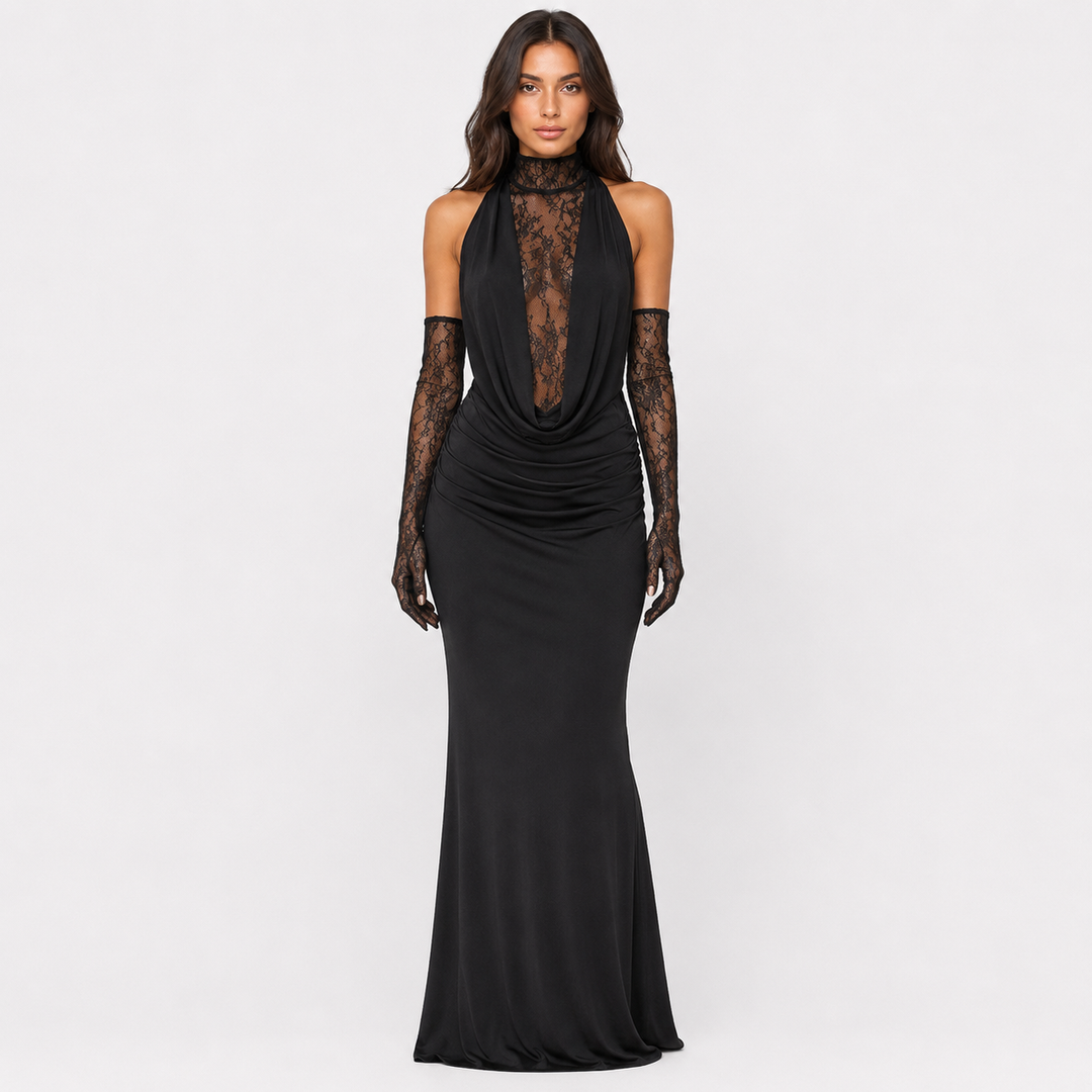 Nocturne | Lace Halter Maxi Dress with Gloves