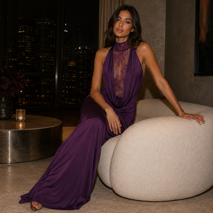 Nocturne | Lace Halter Maxi Dress with Gloves
