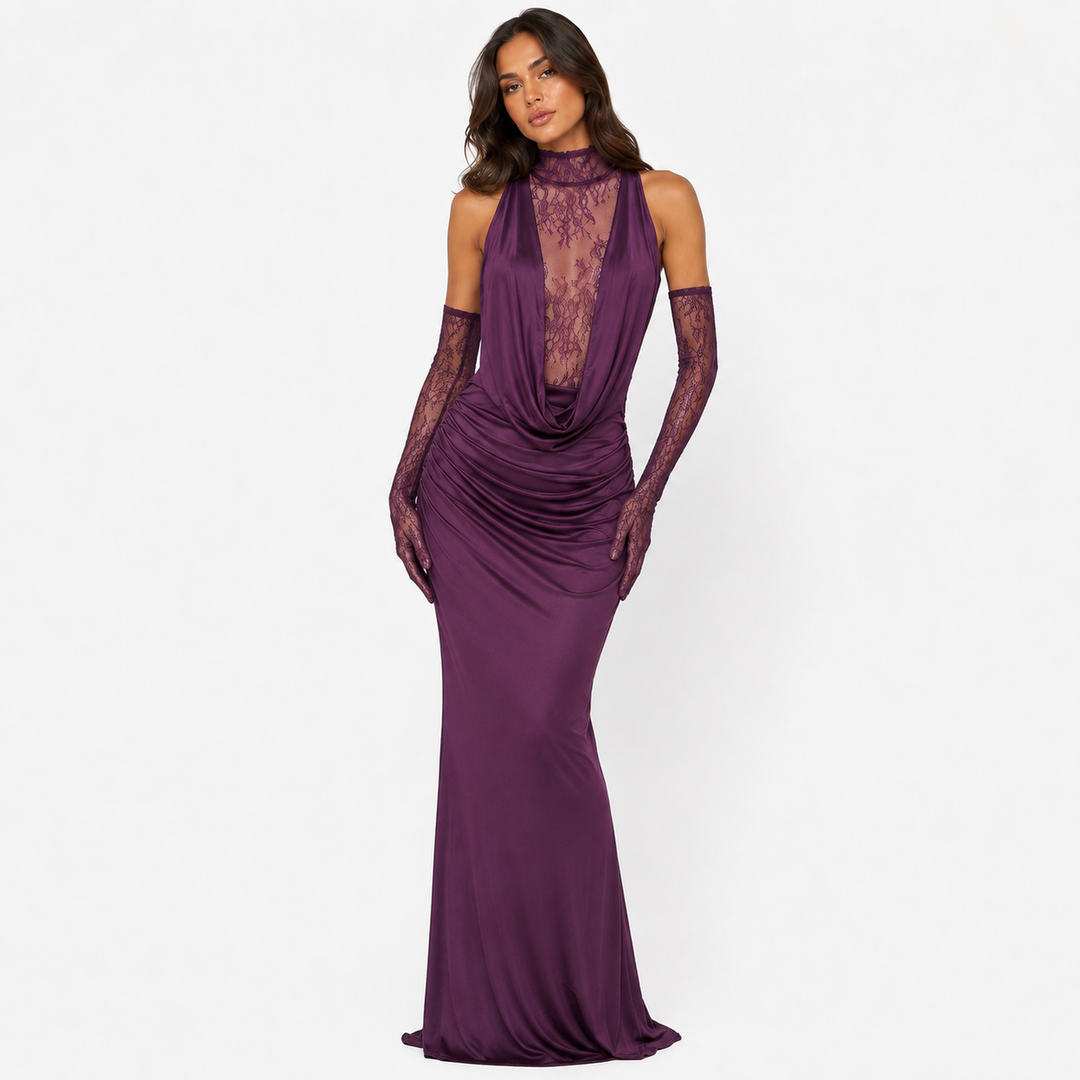 Nocturne | Lace Halter Maxi Dress with Gloves
