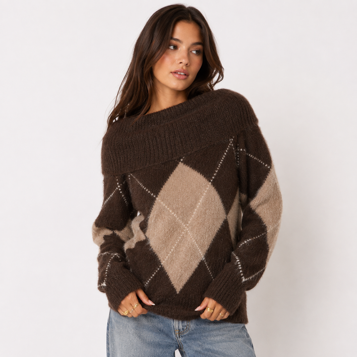 Twist | Brown Argyle Off Shoulder Sweater