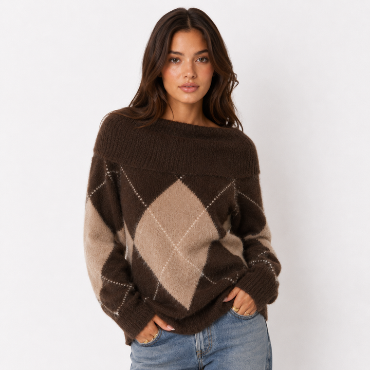 Twist | Brown Argyle Off Shoulder Sweater