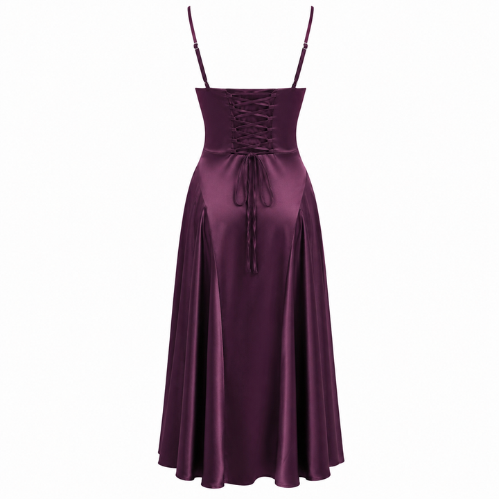 Muse | Eggplant Purple Satin Lace Up Back Maxi Dress