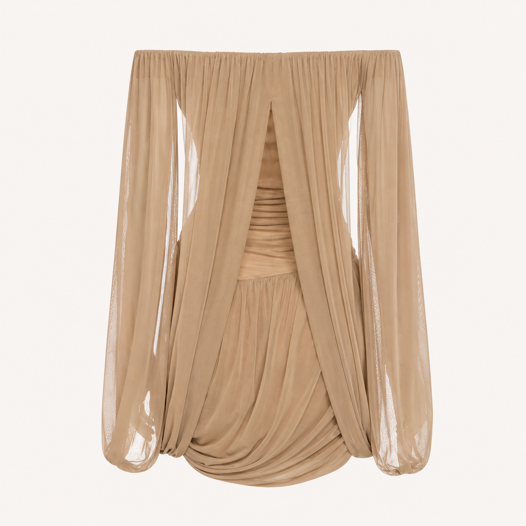 Whirl khaki off-shoulder mini dress, skirt detail