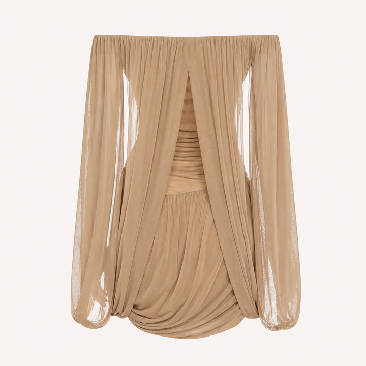 Whirl khaki off-shoulder mini dress, skirt detail