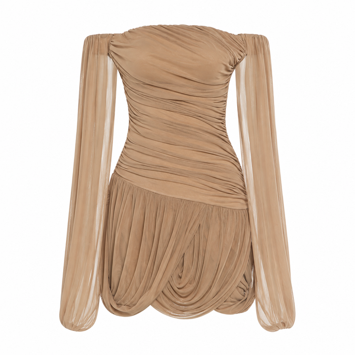 Whirl khaki off-shoulder mini dress, bodice detail