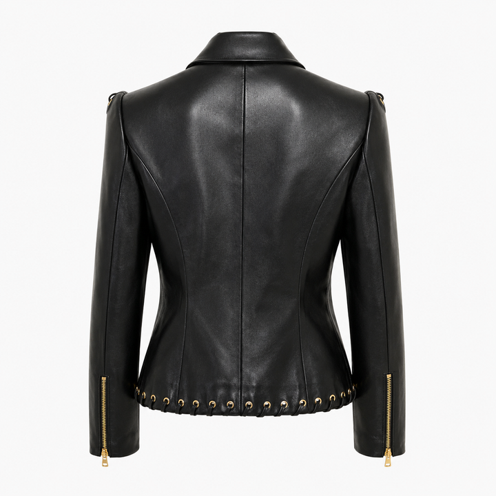 Riot black faux leather lace-up blazer, back flat lay