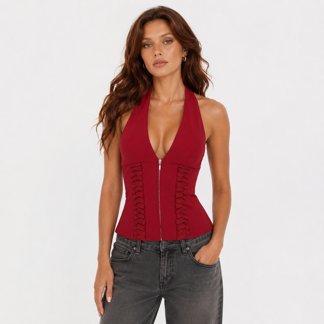 Lie | Red Halter Lace-Up Corset Top