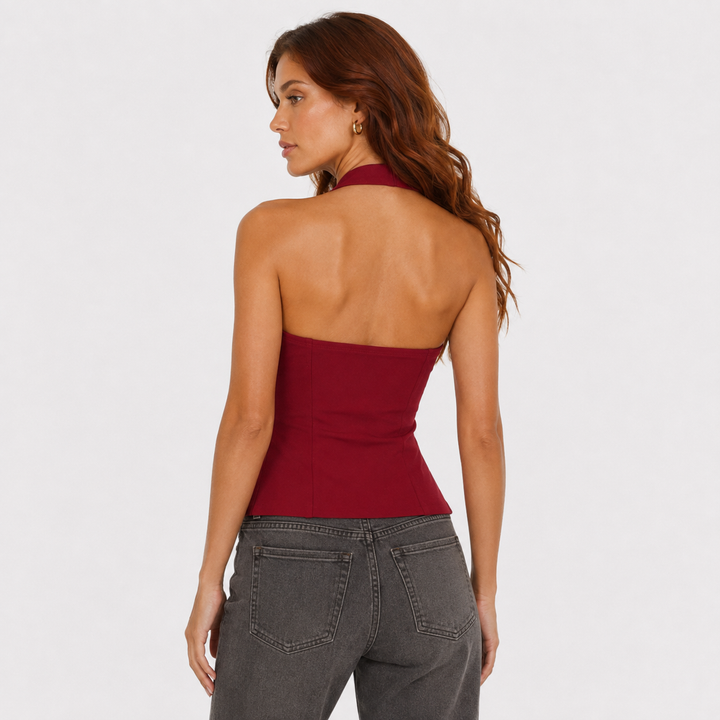 Lie | Red Halter Lace-Up Corset Top