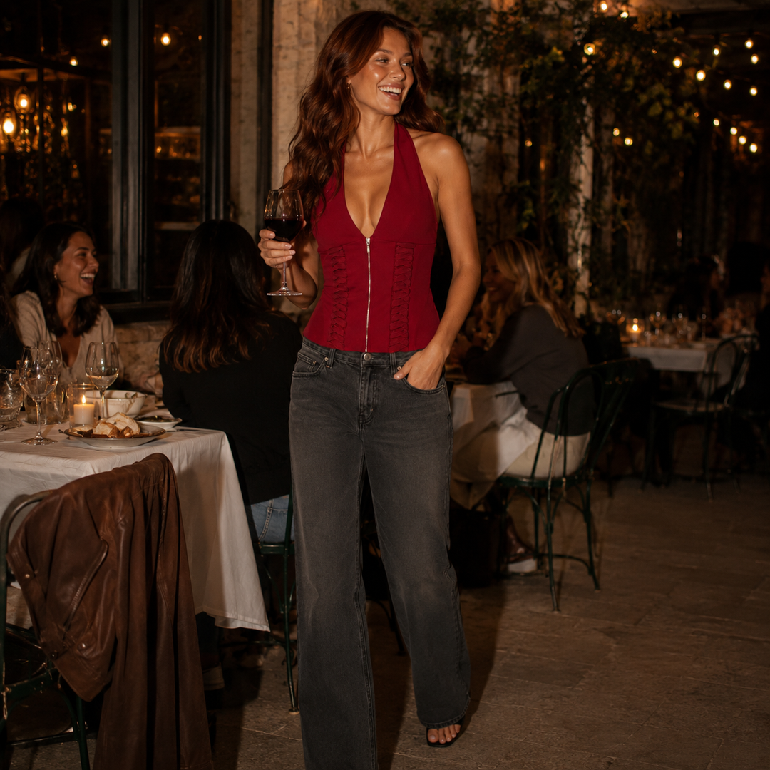 Lie | Red Halter Lace-Up Corset Top