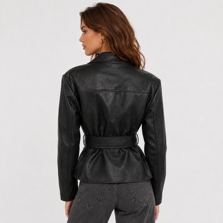 Wrap | Faux Leather Belted Notch Lapel Jacket