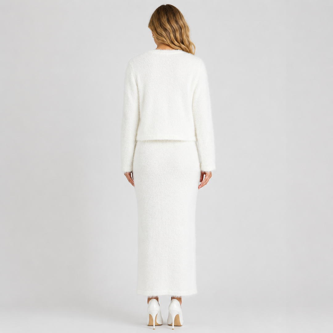 Fuz | Fuzzy Knit Cardigan Sweater Two Piece Midi Skirt Set
