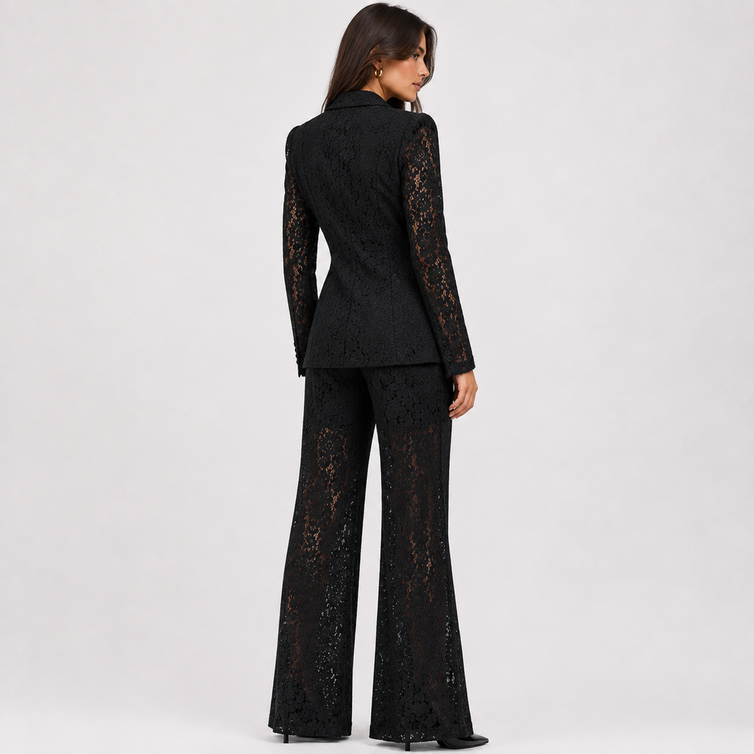 Veil | Lace Peplum Blazer and Wide Leg Pants Set