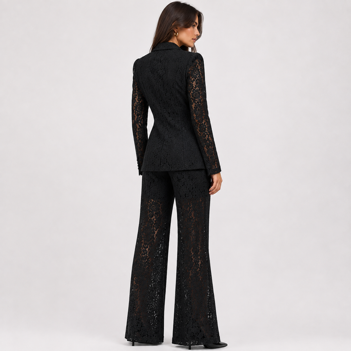 Veil | Lace Peplum Blazer and Wide Leg Pants Set