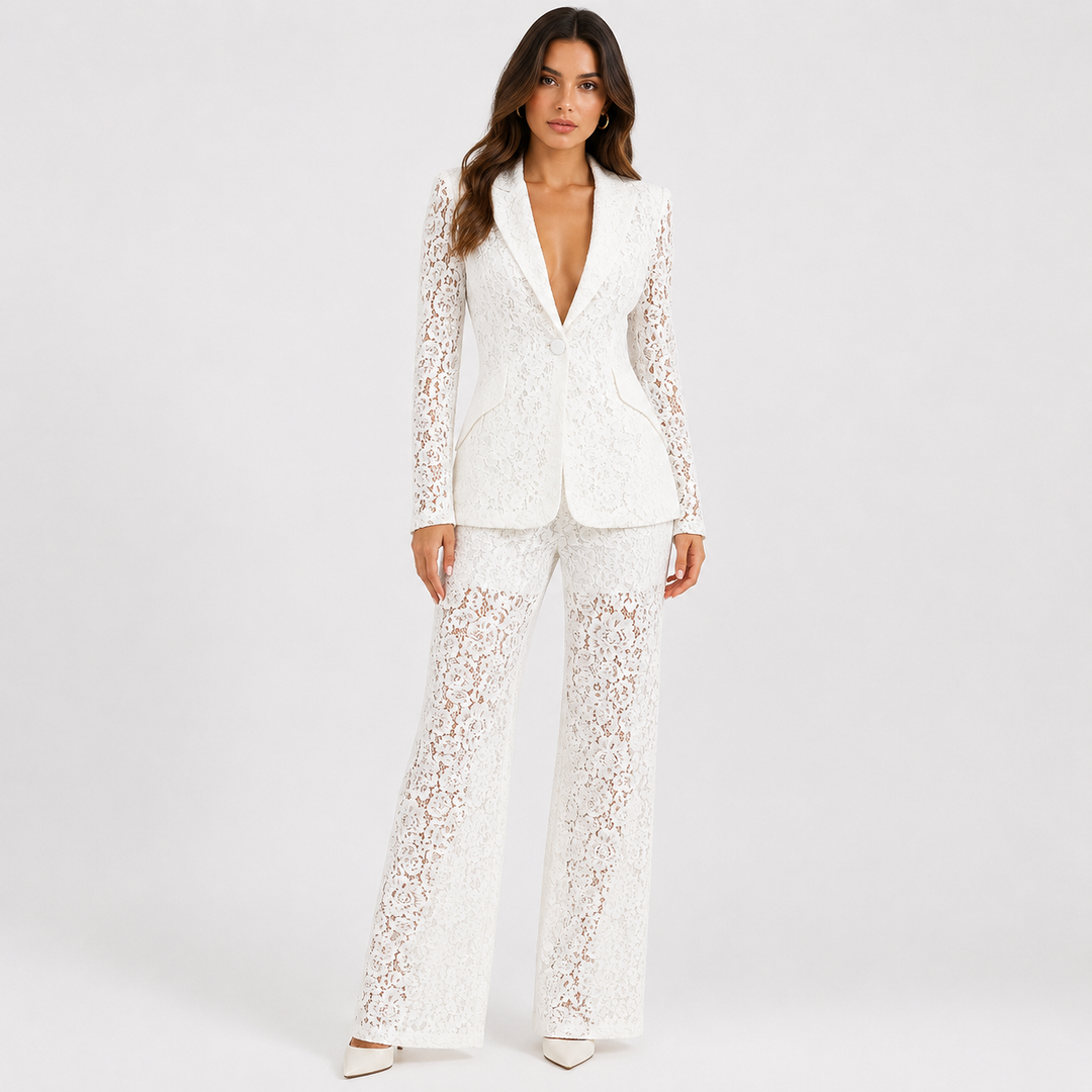 Veil | Lace Peplum Blazer and Wide Leg Pants Set