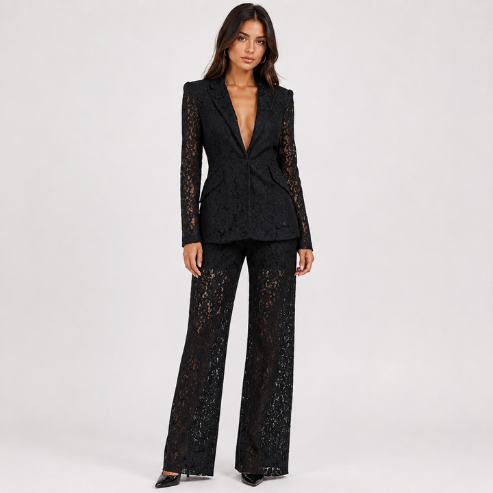 Veil | Lace Peplum Blazer and Wide Leg Pants Set