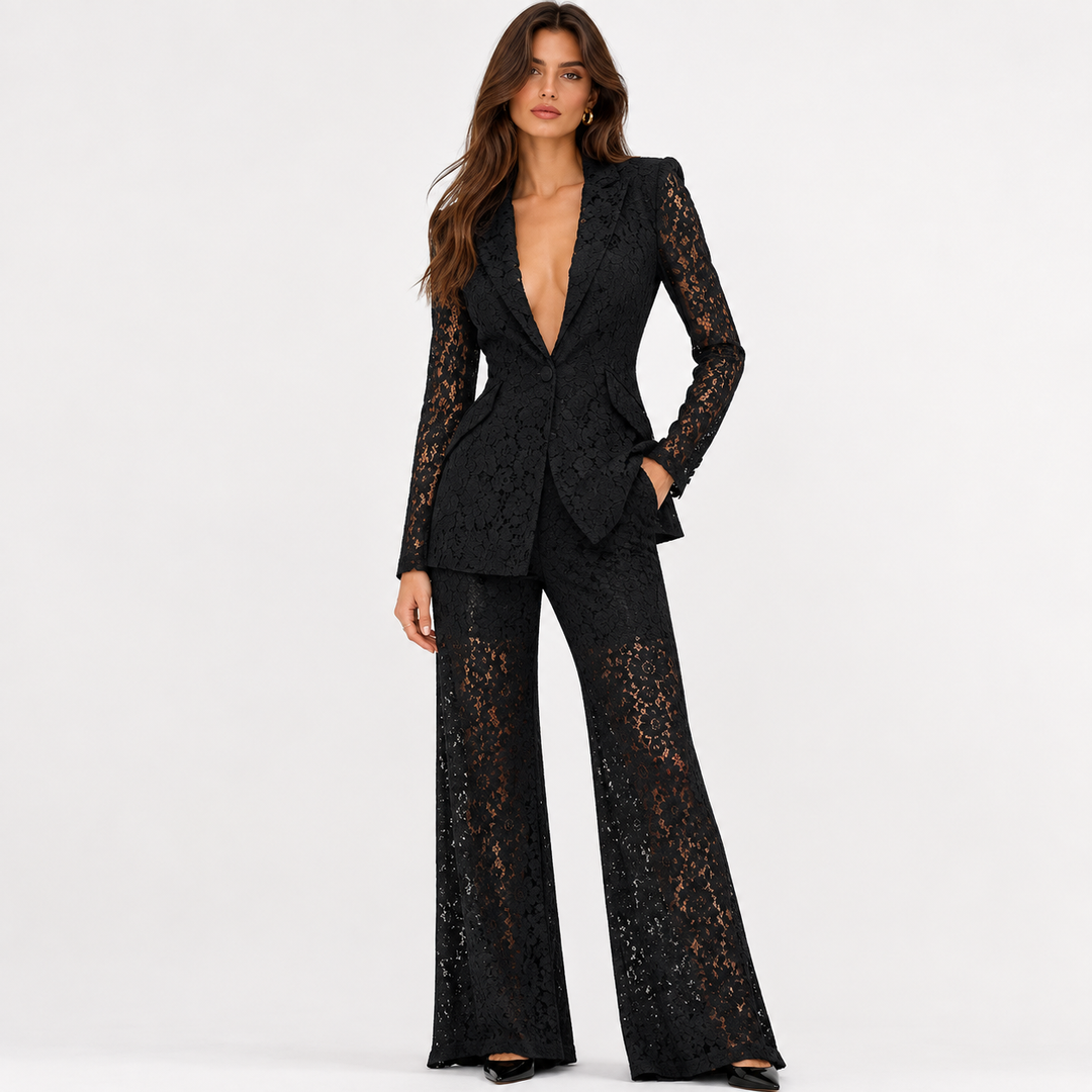 Veil | Lace Peplum Blazer and Wide Leg Pants Set